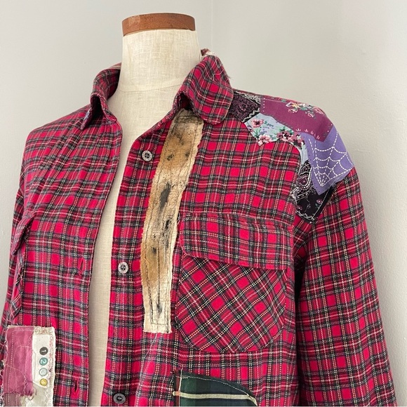 Upcycled Red Long Flannel button shirt size Large Motörhead patch wearable art - Picture 2 of 3